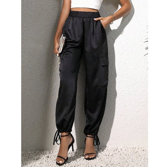 . Pants - Luxe Look Satin Pocketed Joggers - Black